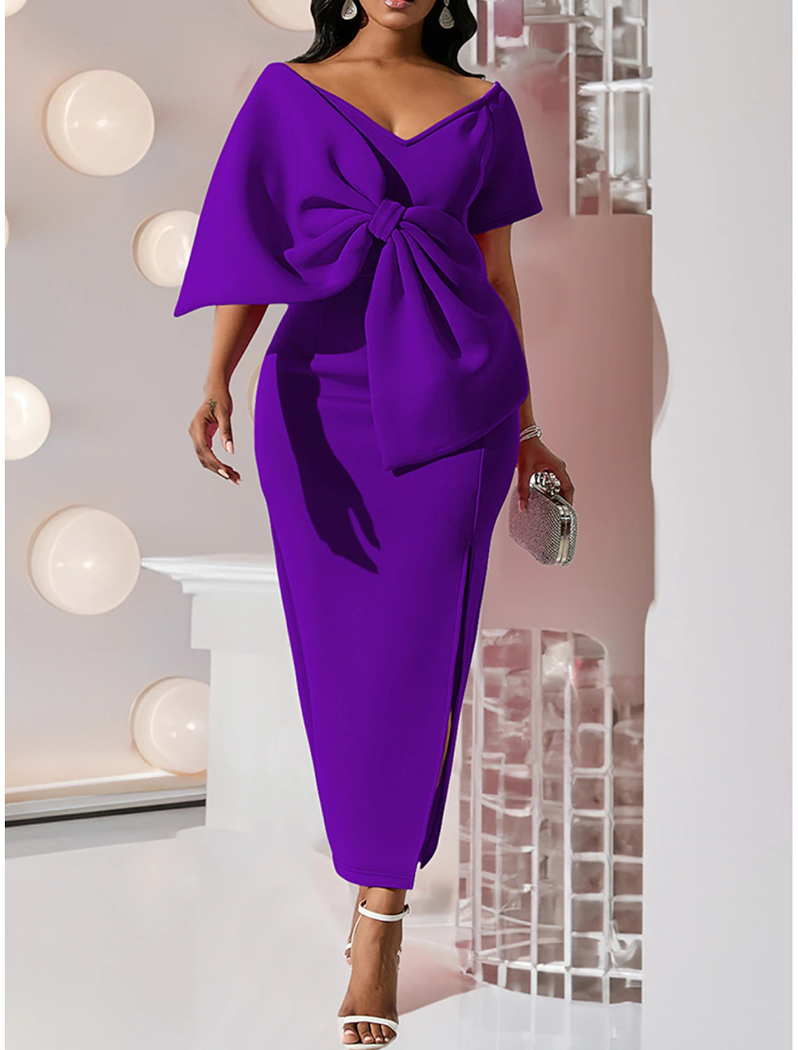 Women's White Dress Prom Dress Party Dress Ruched Split V Neck Short Sleeve Midi Dress Special Occasion Vacation White Pink Fall Winter