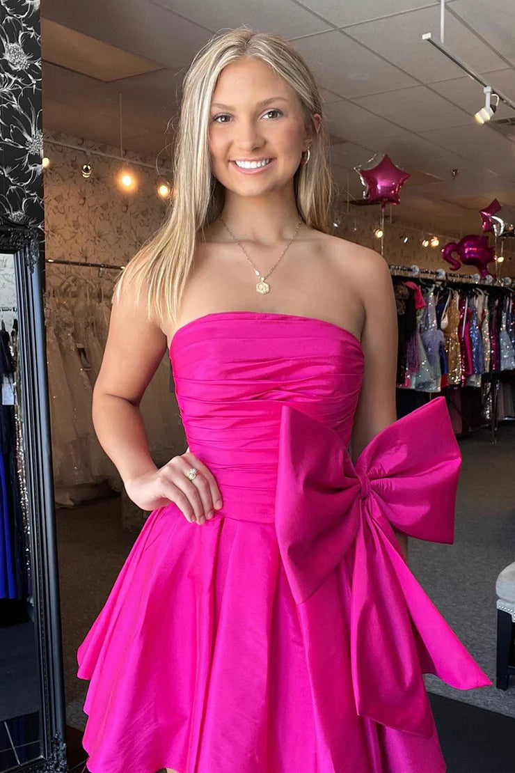 A Line Strapless Hot Pink Satin Short Homecoming Dresses with Bow