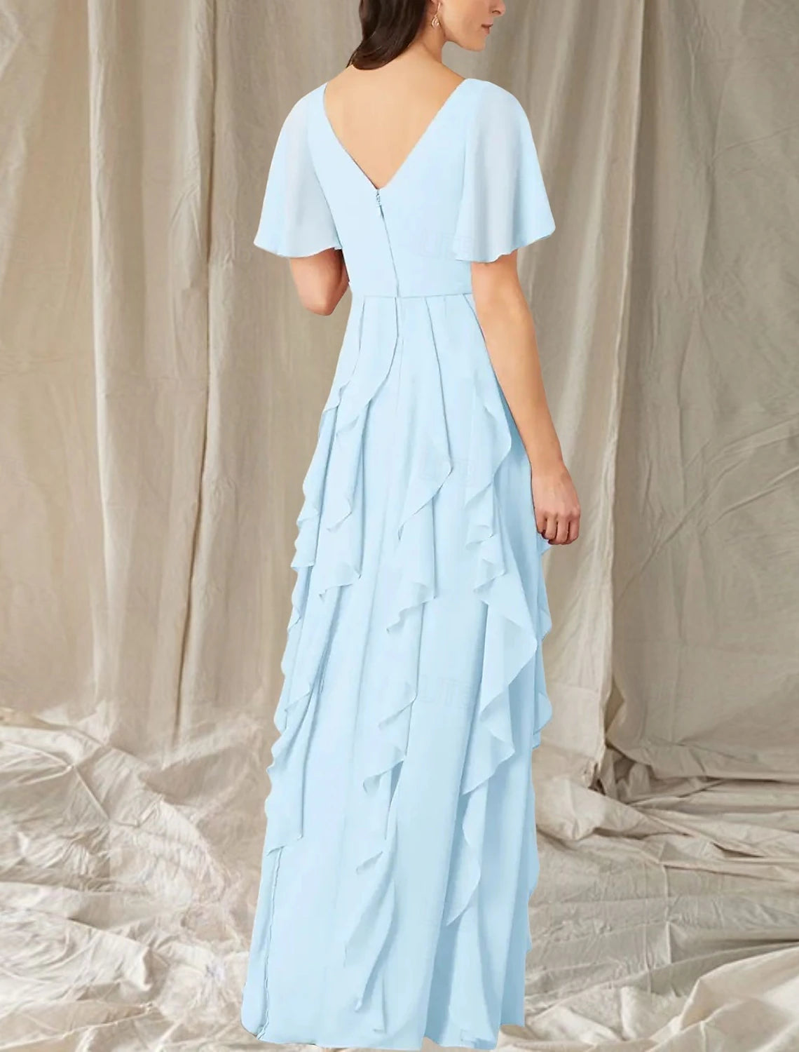 A-Line Mother of the Bride Dress Wedding Guest Elegant Sweet V Neck Floor Length Chiffon Short Sleeve Long Sleeve with Cascading Ruffles Ruching