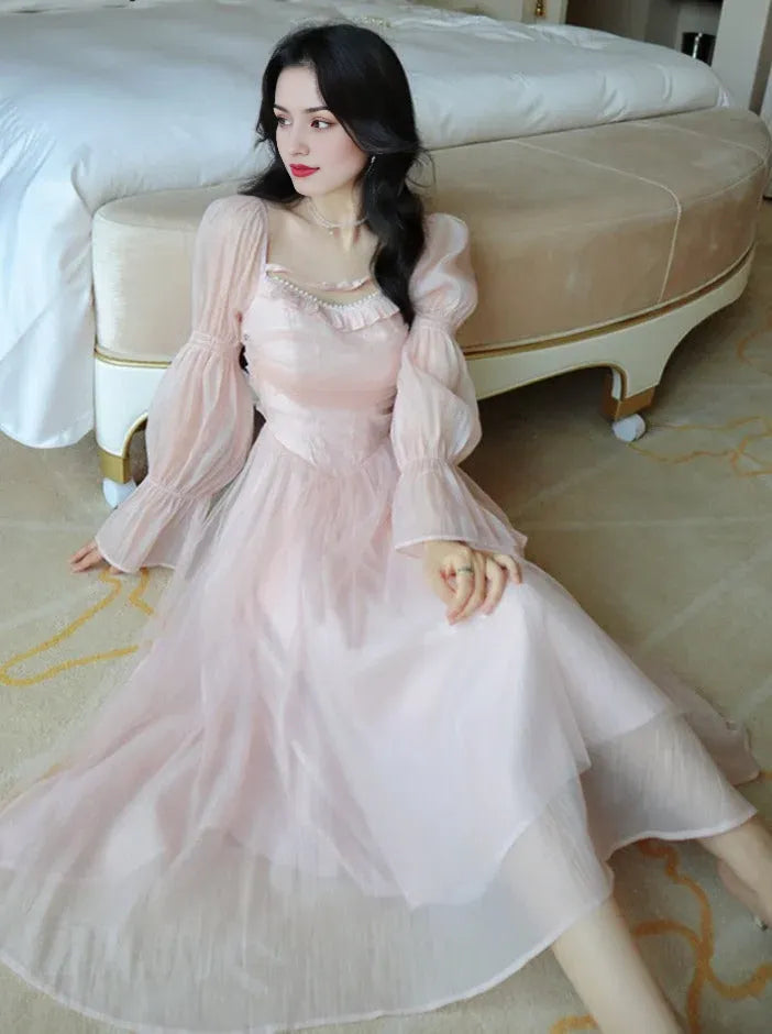 Elegant Evening Party Midi Dress Women Bubble Sleeve French Vintage Sweet Dress Female Pink Korean Style Fairy Dress Autumn