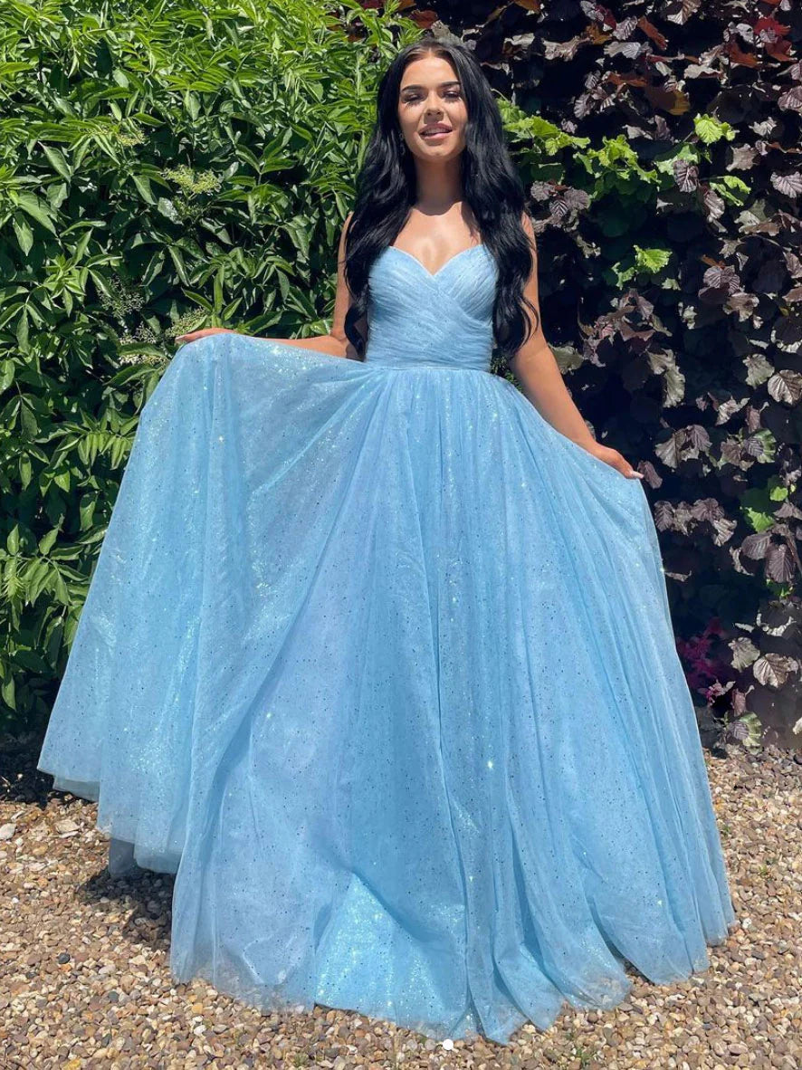 Simple v neck blue tulle sequin long prom dress blue evening dress
