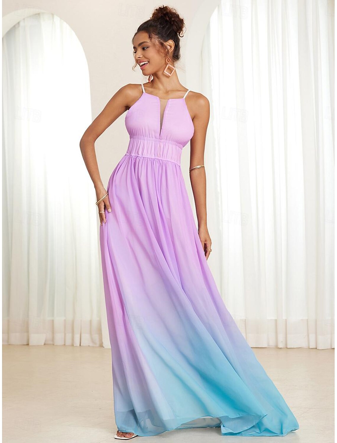 Women's Midi Dress Chiffon Dress Swing Dress Sundress Elegant Dress Elegant Bohemia Tropical Wedding Party Wedding Guest Regular Fit Ombre Sleeveless V Neck Sky Blue Summer
