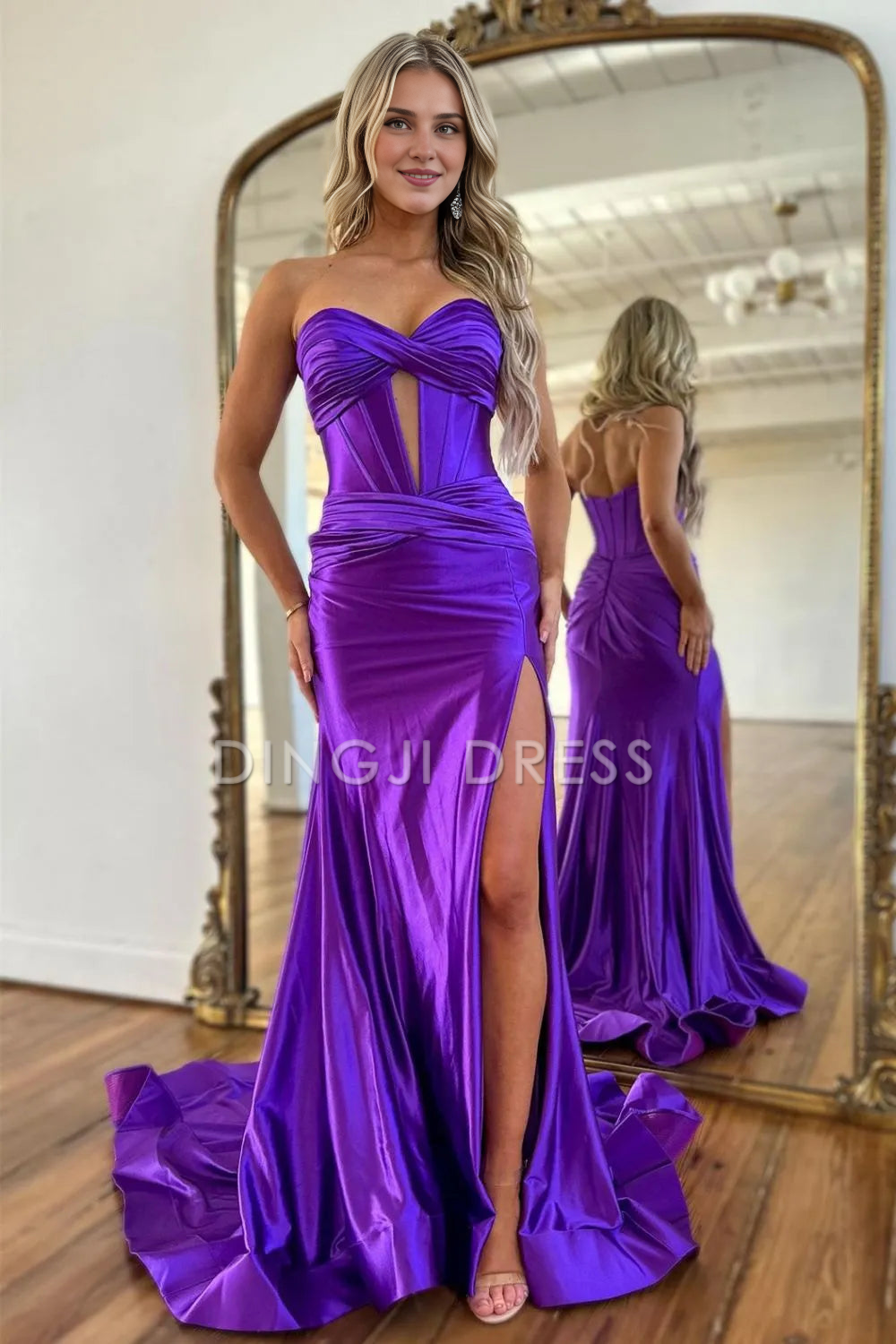 DingJiDress Elegant Satin Mermaid Strapless Long With Split Sweep Train Fashion Prom Dress