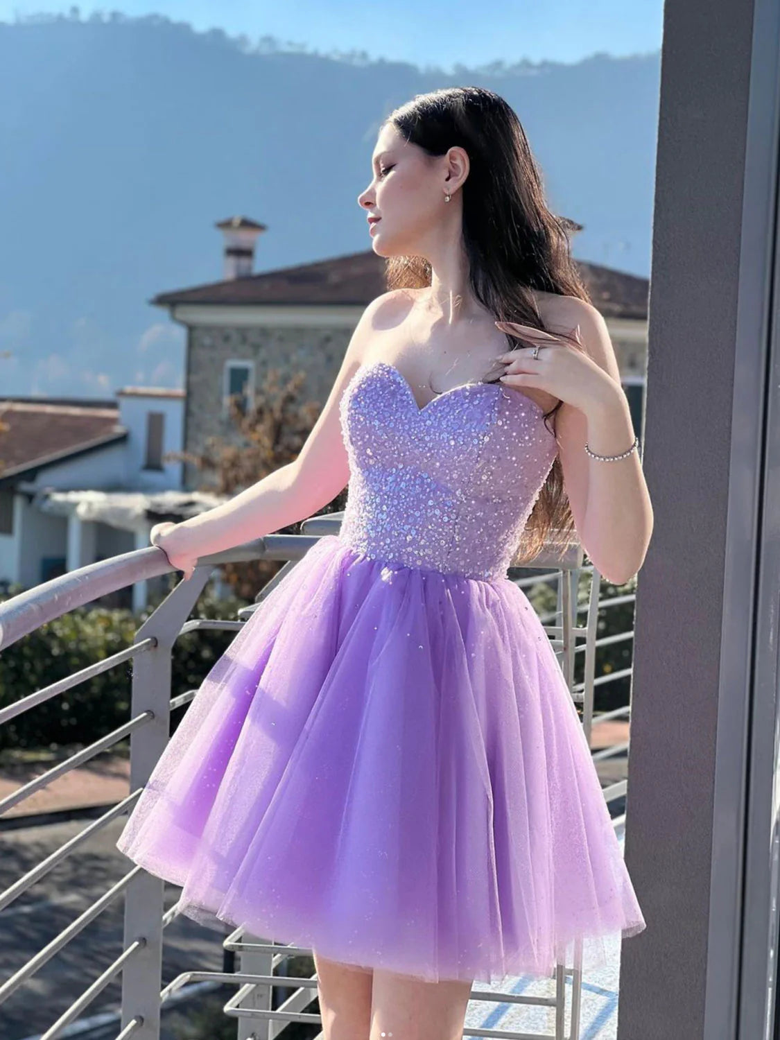 Purple Sweetheart Neck Short Prom Dresses  Purple Homecoming Dresses