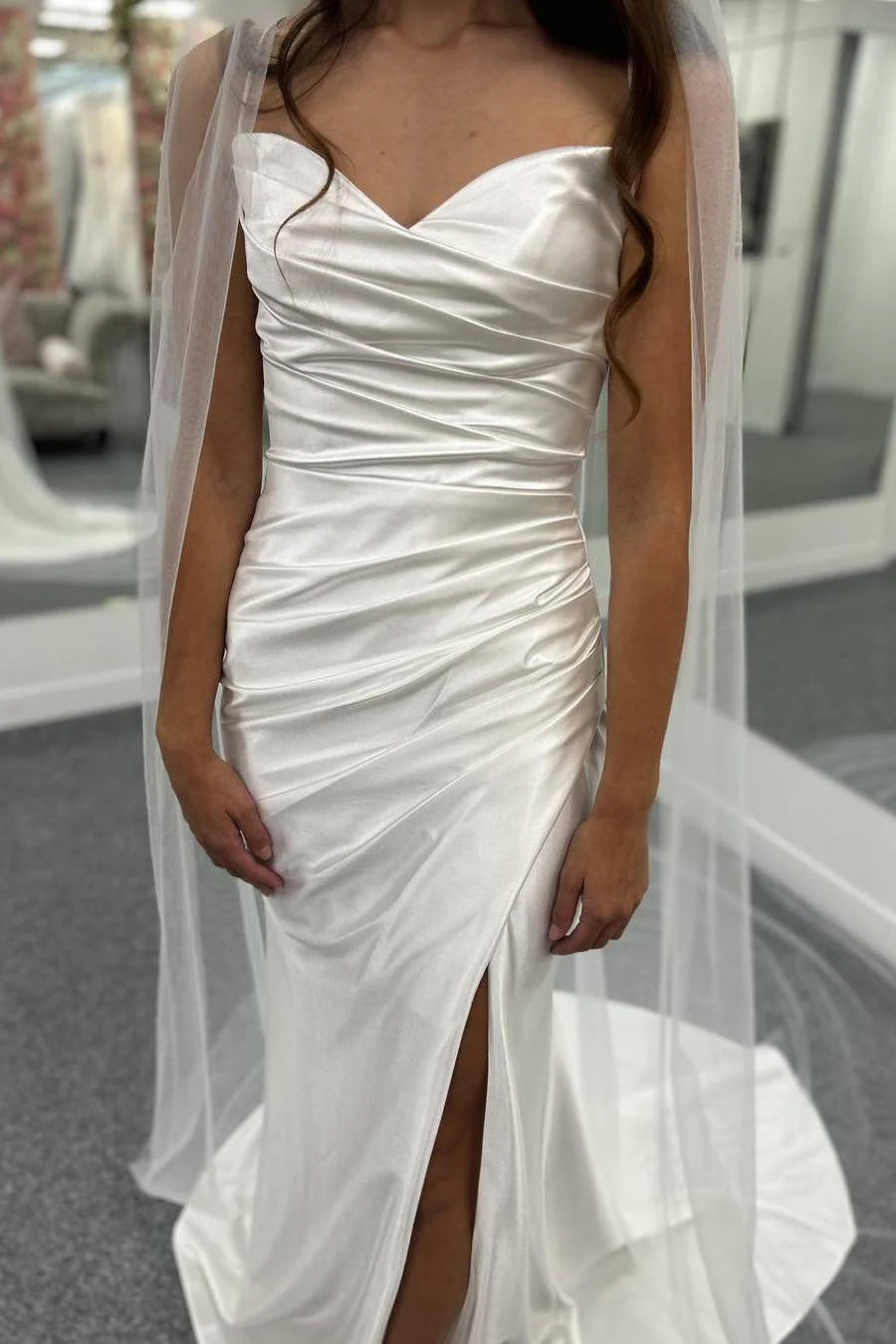Strapless V-Neck Mermaid Satin Pleated Beach Wedding Dress with Slit