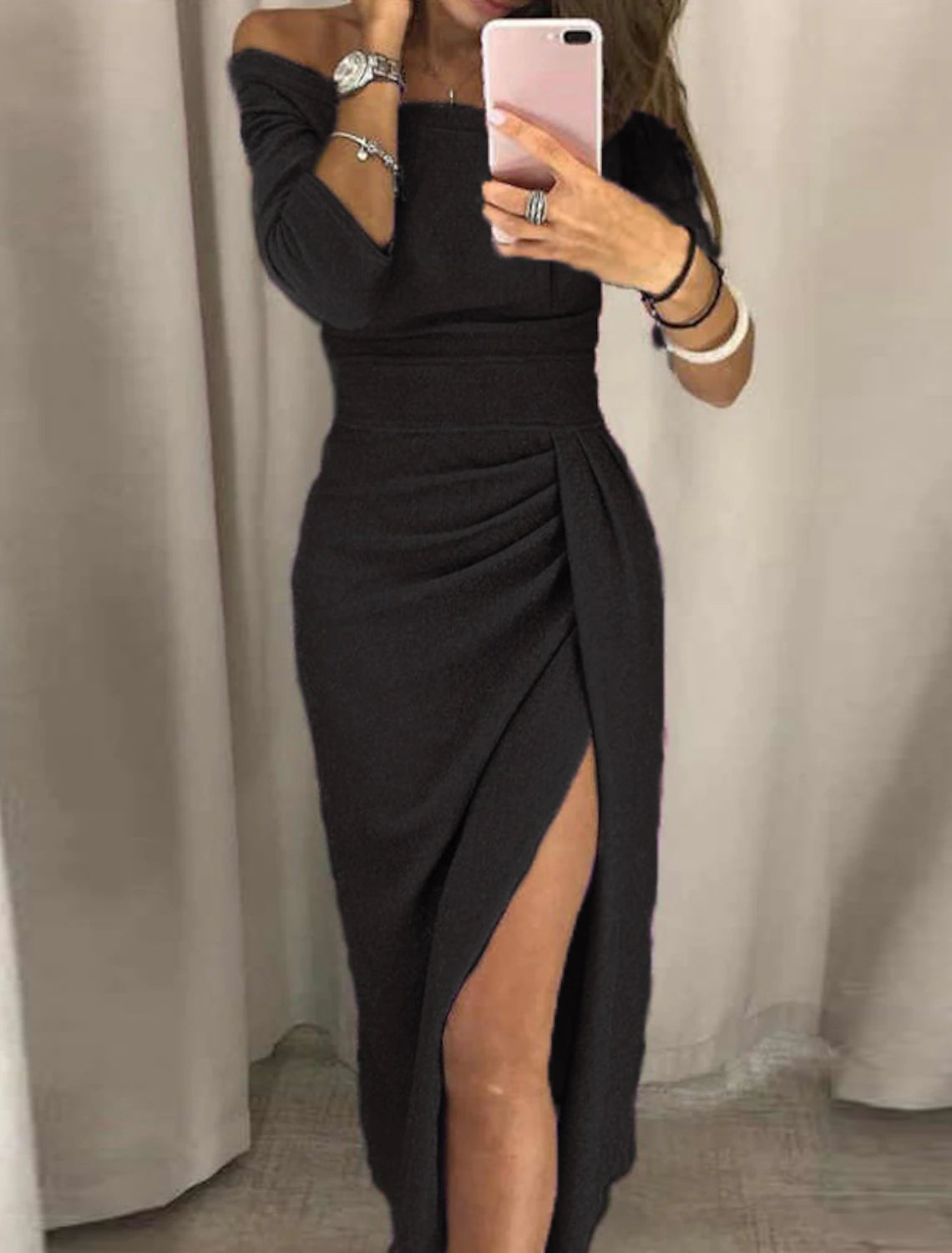 Sheath Cocktail Dresses Party Dress Party Wear Prom Ankle Length Half Sleeve Off Shoulder Fall Wedding Guest Jersey with Ruched Slit Derby Dresses