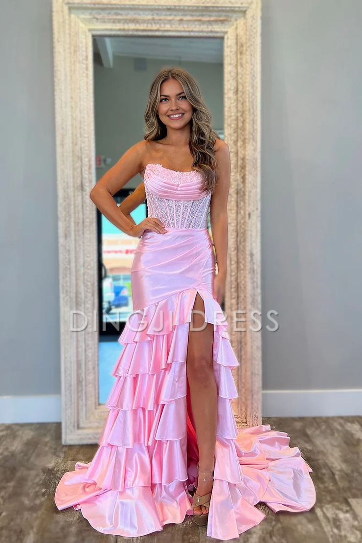 DingJiDress Strapless Scoop Layered Pleated Mermaid Side Fork Elegant Prom Dress