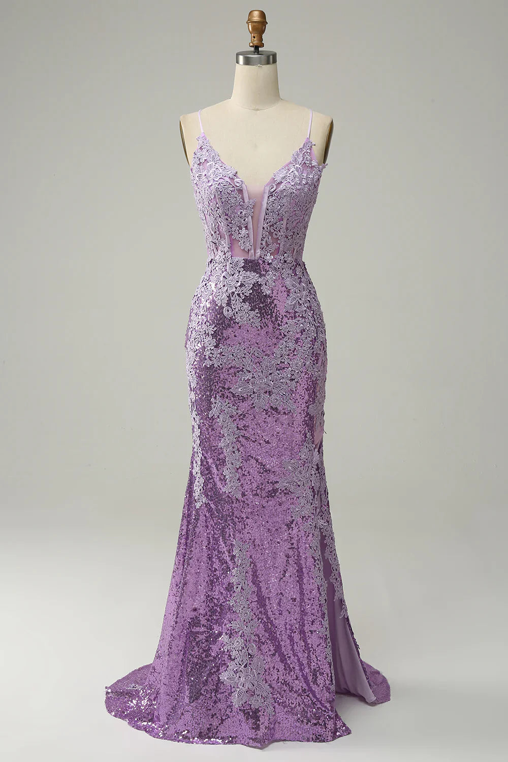 DingJiDress Mermaid Spaghetti Straps Purple Long Prom Dress with Appliques