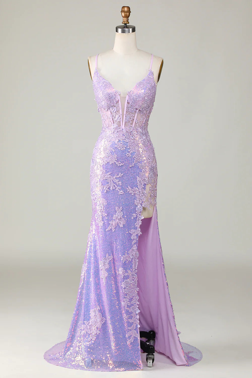 DingJiDress Sparkly Mermaid Spaghetti Straps Purple Corset Prom Dress with Slit