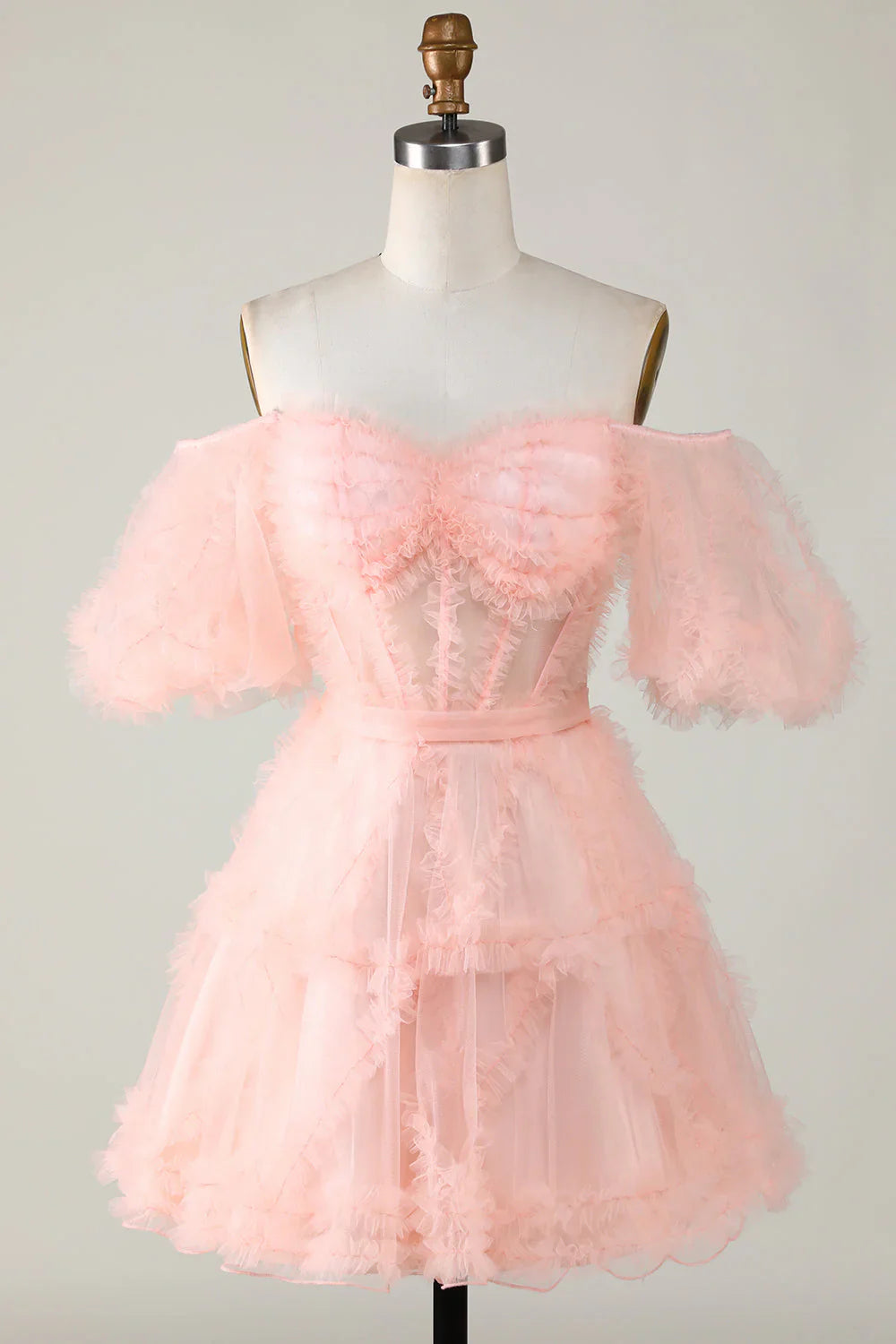 DingJiDress Cute A line Blush Tulle Off The Shoulder Short Homecoming Dress