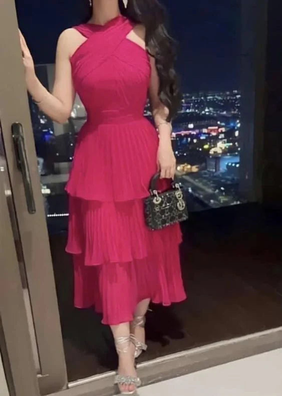 Simple and stylish long pleated cocktail party dress, special occasion dress