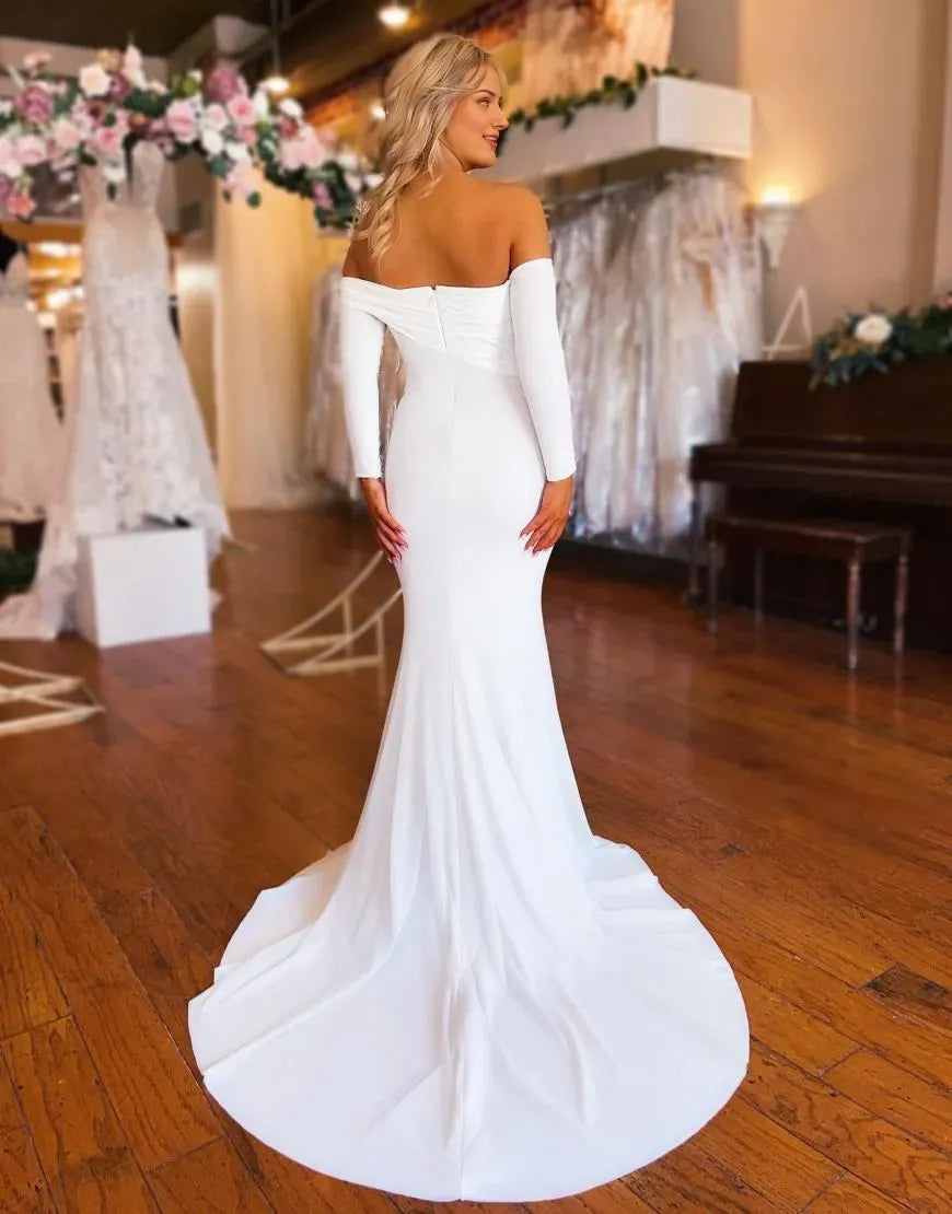 Elegant Mermaid Stretch Satin Off The Shoulder Sleeves Wedding Dress