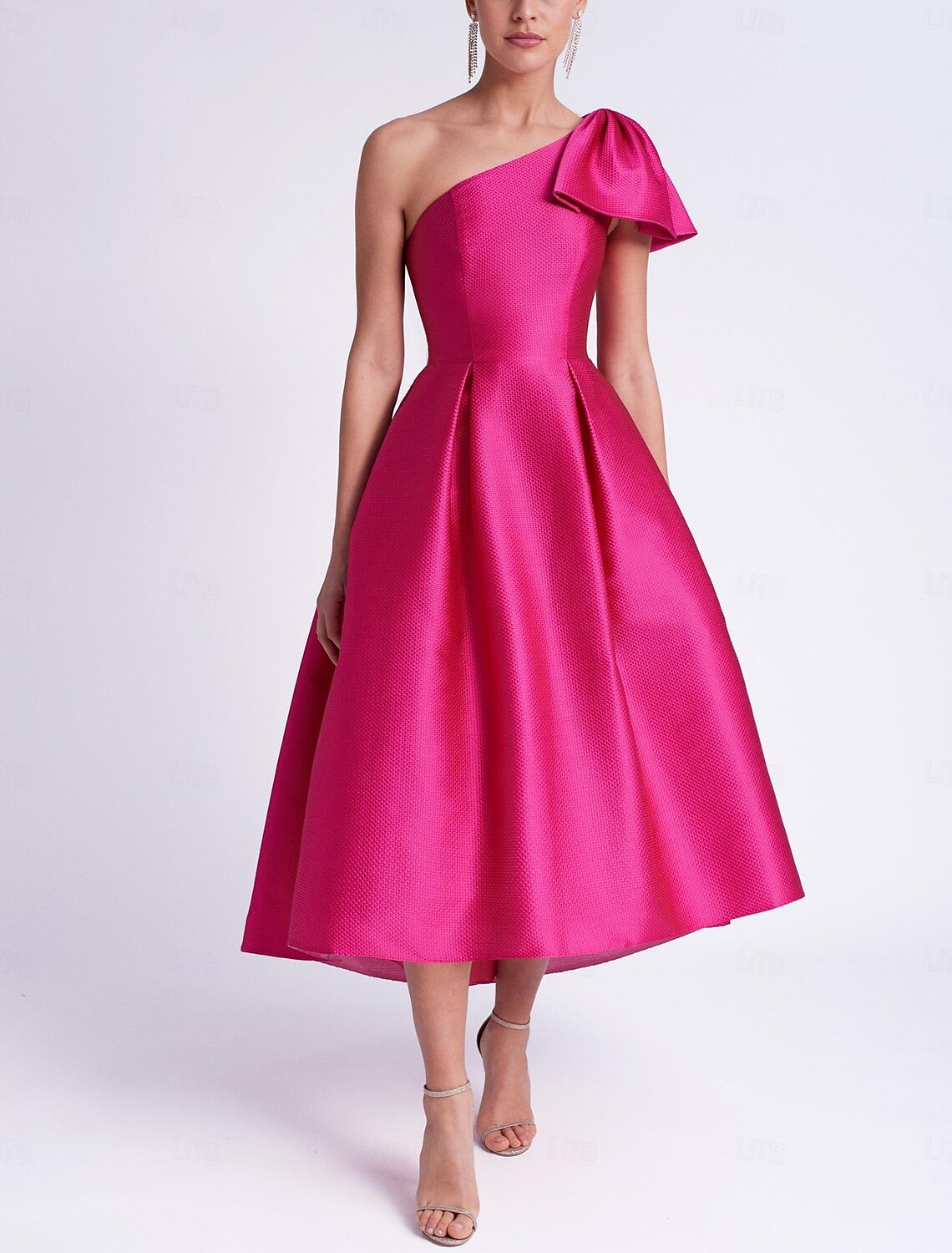 A-Line Wedding Guest Dresses Elegant Dress Cocktail Party Tea Length Sleeveless One Shoulder Satin with Bow