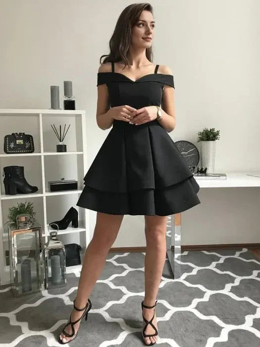 Cute Off Shoulder Layered Black Short Prom Off Shoulder Layered Black Homecoming Black Graduation Evening
