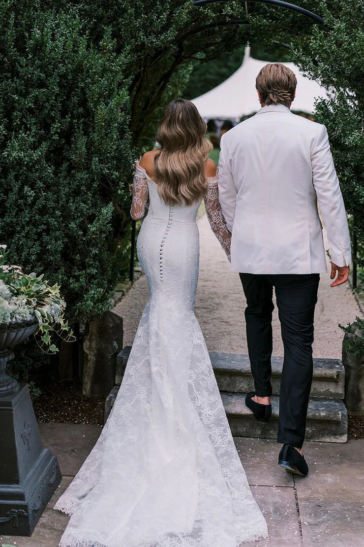 Mermaid V Neck Lace Long Wedding Dresses