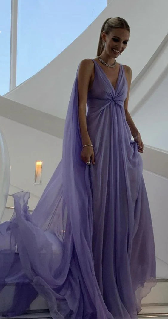 Simple V-neck purple long ball party gown
