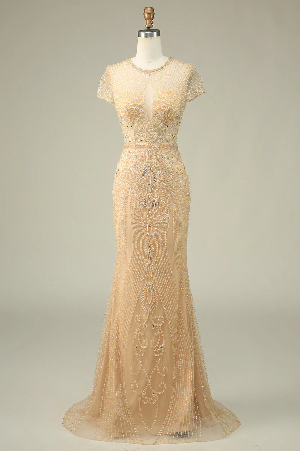DingJiDress Luxurious Mermaid Jewel Neck Champagne Prom Dress with Beading
