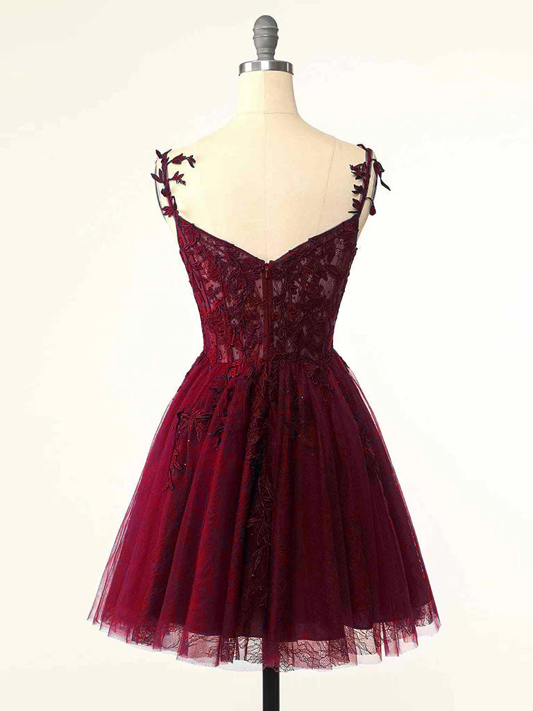 Burgundy A-Line Tulle Lace Short Prom Dress  Cute Burgundy Homecoming Dress ﻿