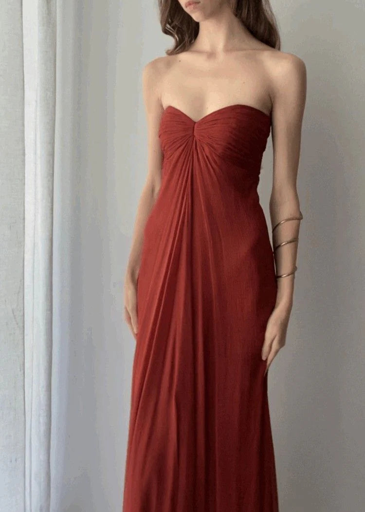 Simple and atmospheric red strapless long ball party dress