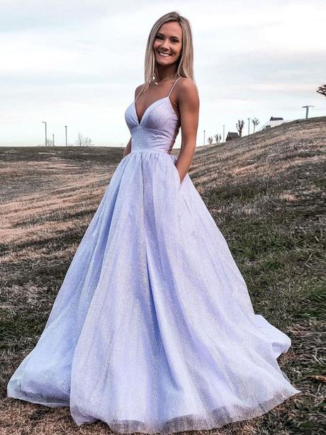 Purple v neck tulle sequin long prom dress purple evening dress