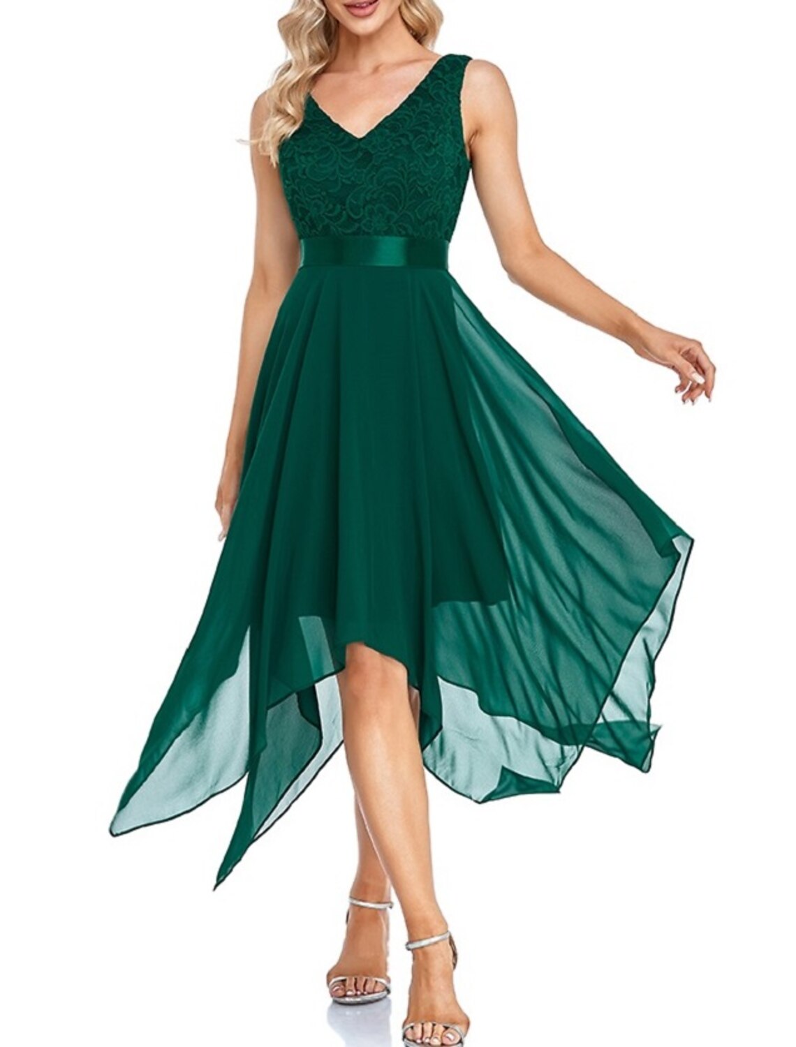 A-Line Cocktail Dresses Elegant Dress Wedding Guest Homecoming Asymmetrical Sleeveless V Neck Chiffon V Back with Pure Color Splicing dress to impress