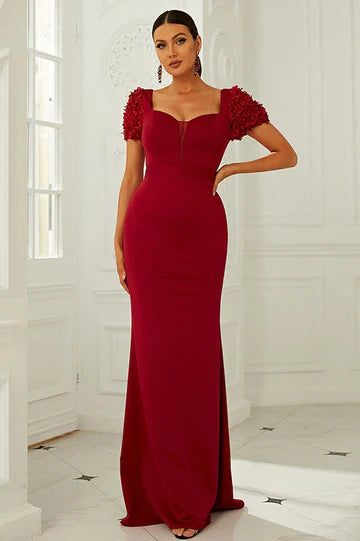 Wine Red Queen Anne Puff Sleeve Long Formal Dress