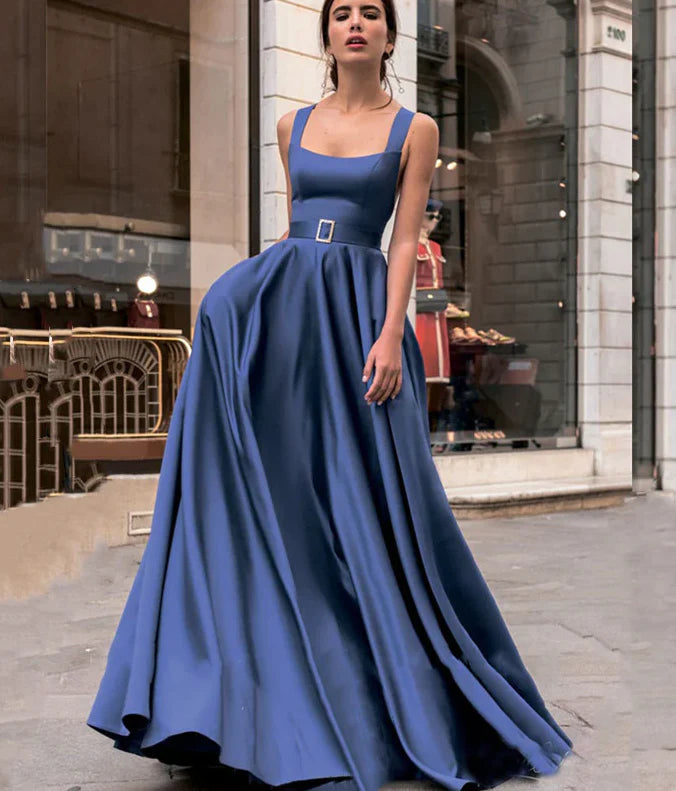 Elegant Strapless Sleeveless Evening Dress A-Line Blue Satin Criss-Cross Sashes Prom Dress