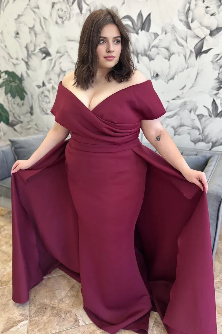 Mulberry Portrait Surplice Mermaid Long Mother of the Bride Dress with Scarf