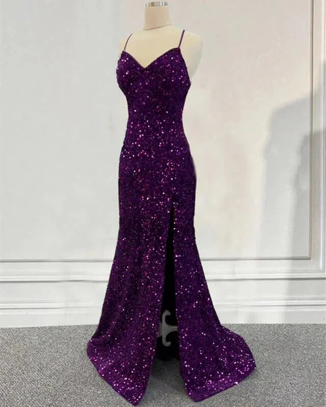 V-neck camisole slit dress sequined mermaid formal evening gown