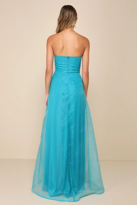 Exquisite Ease Teal Green Organza Strapless Ruffled Evening Dresses