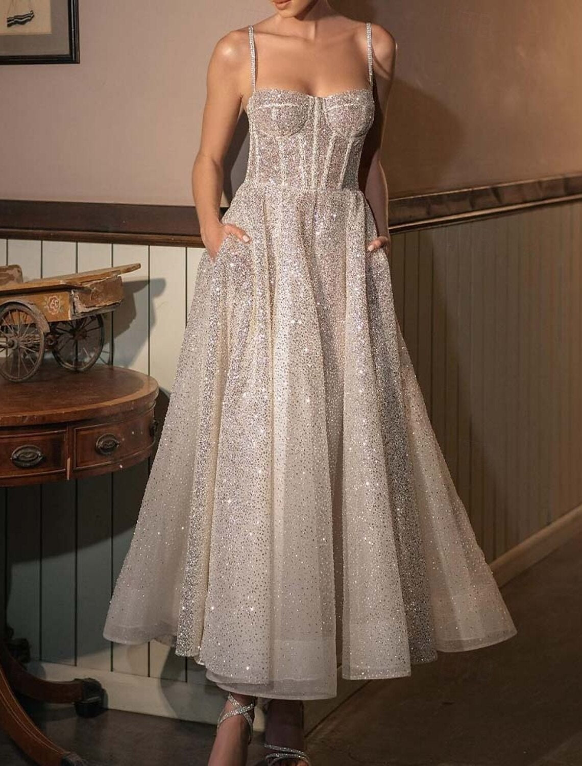 A-Line Cocktail Dresses Elegant Dress Cocktail Party Semi Formal Floor Length Sleeveless Sweetheart Polyester with Glitter