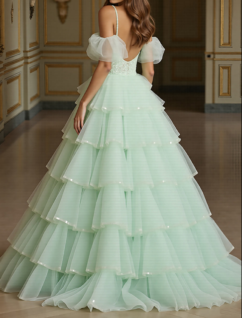 Green Tulle Ball Gown Long V-Neck Prom Dress with Appliques