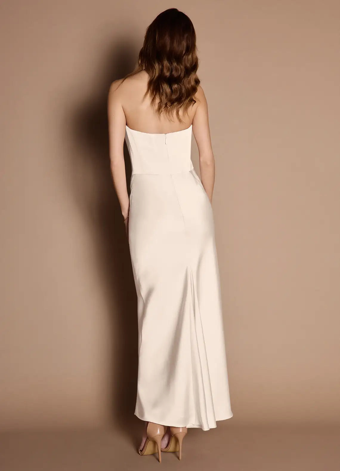 Strapless Ivory Satin Prom Dress with Asymmetric Bodice and Draped Skirt for Formal Occasions