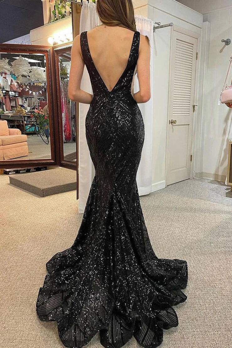Mermaid V Neck Black Sequins Prom Dresses