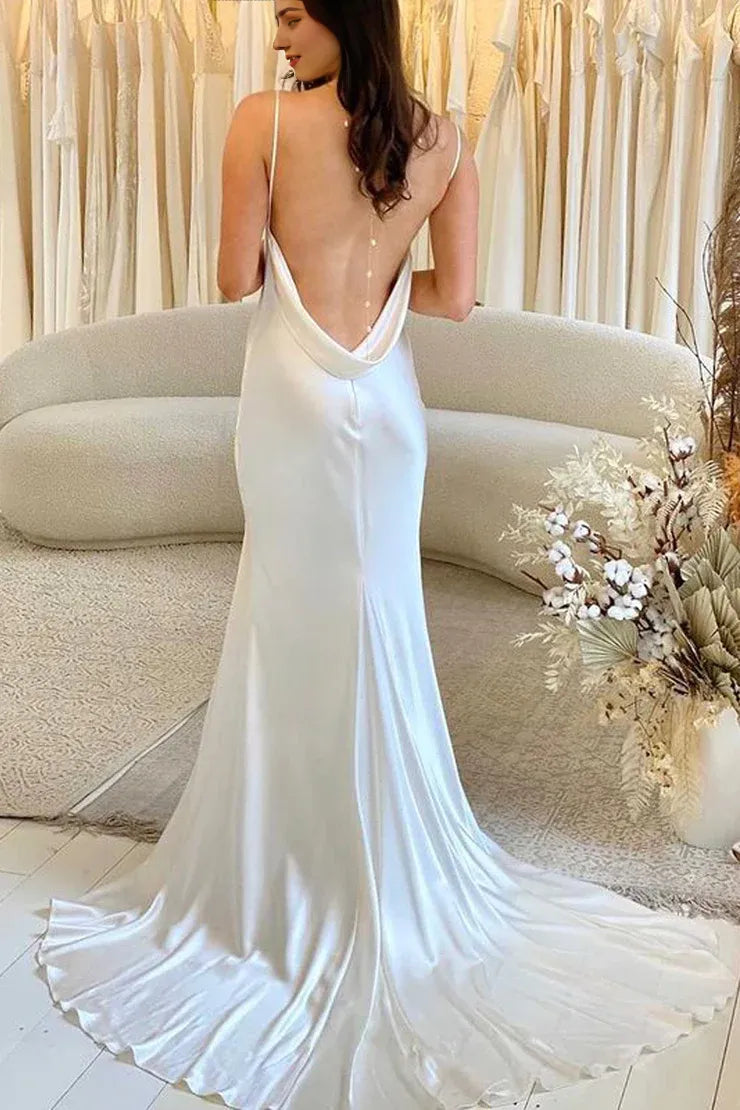 Charming Mermaid Cowl Neck Silk Satin Wedding Dresses with Slit