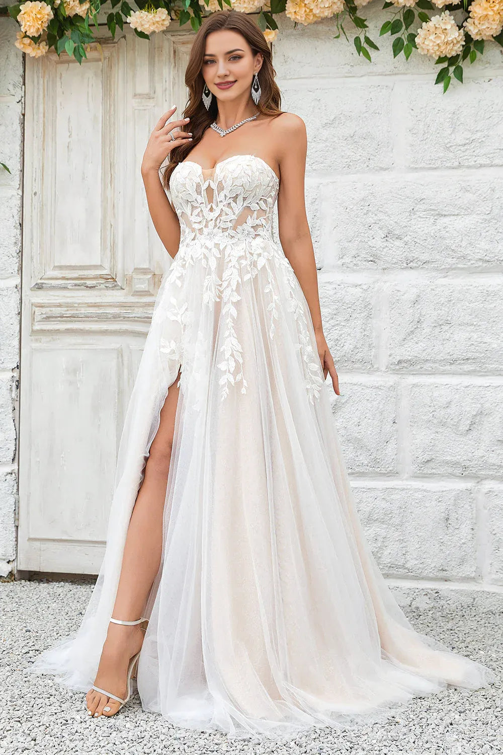 Off the Shoulder Champagne Tulle Detachable Wedding Dress with Lace