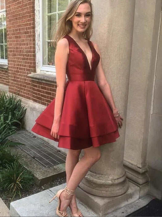 V Neck Layered Burgundy Satin Short Prom V Neck Burgundy Homecoming Burgundy Formal Evening