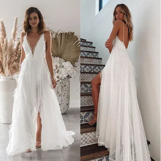 Woman Wedding Maxi Slip Dress Summer Sexy Bridesmaid Banquet White Split V Neck Backless Lace Female Long Elegant Evening Dress