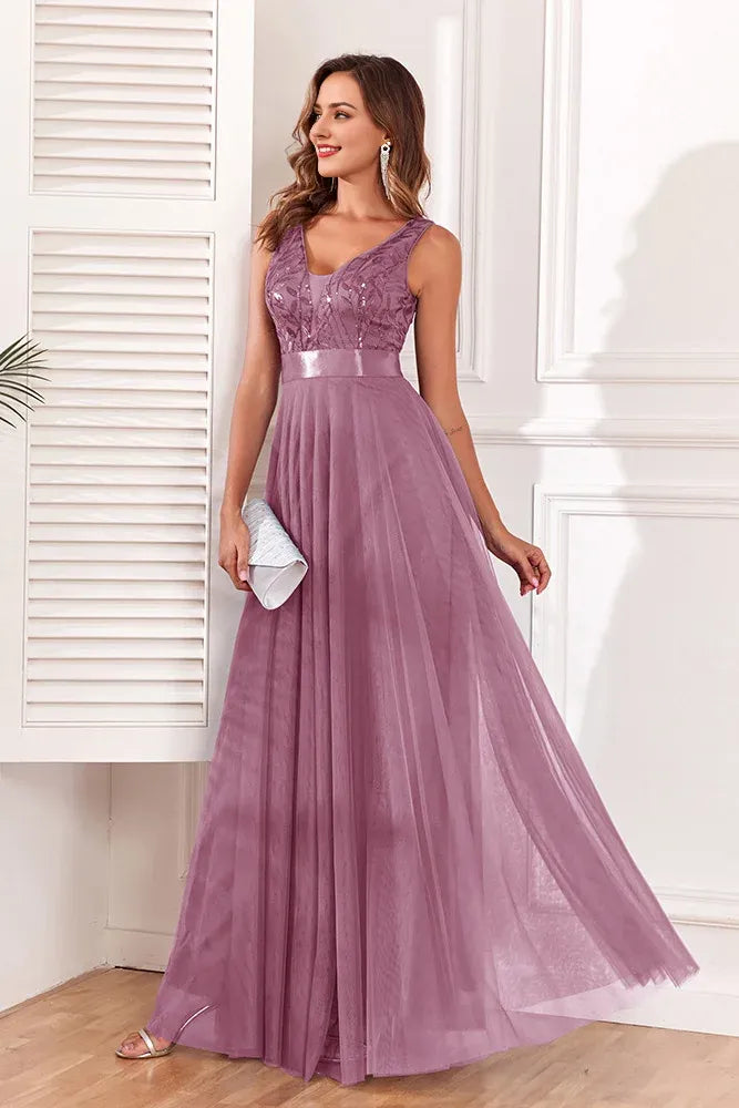 Spliced Elastic Waist Sleeveless V Neck Evening Dress Tulle Embroidery Long Party Dress