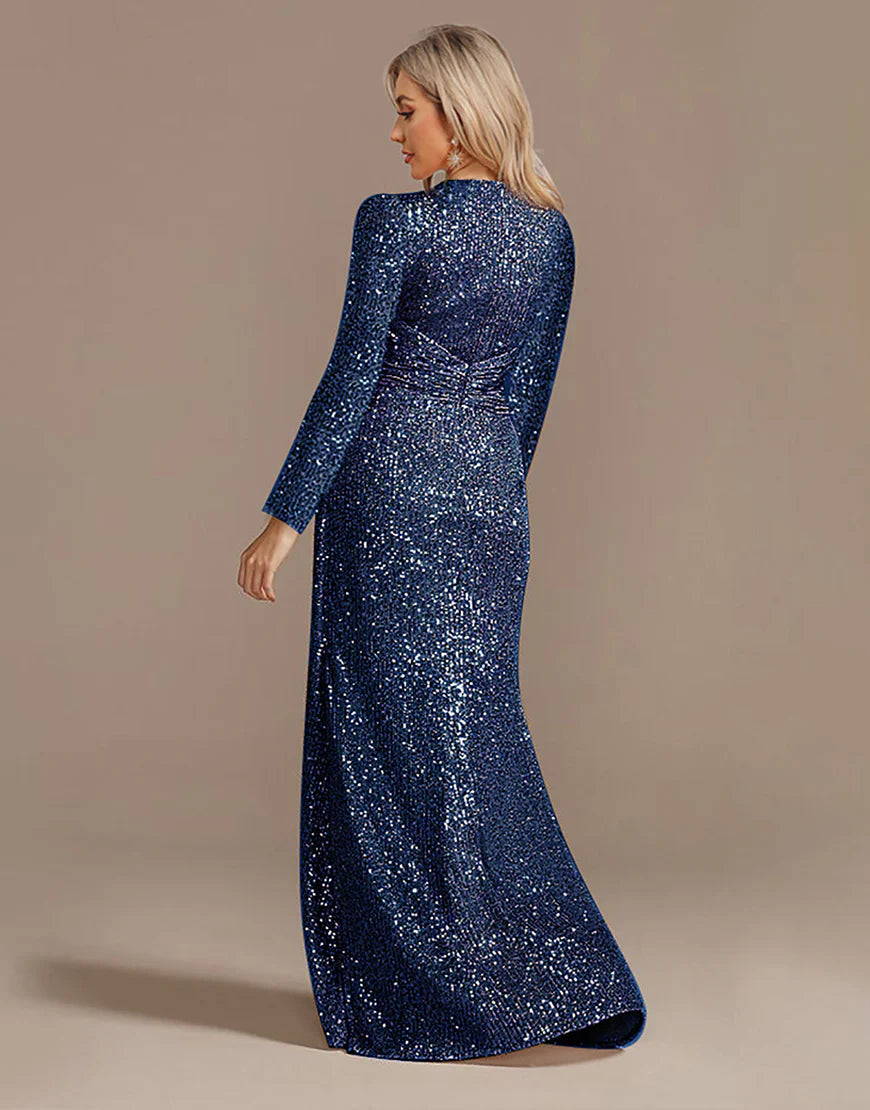 Glitter Navy Mother of the Bride Dress with Long Sleeves