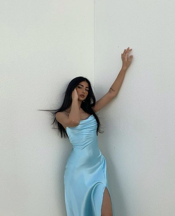 Minimalist Blue Long Split Party Birthday Dress Ball Dress
