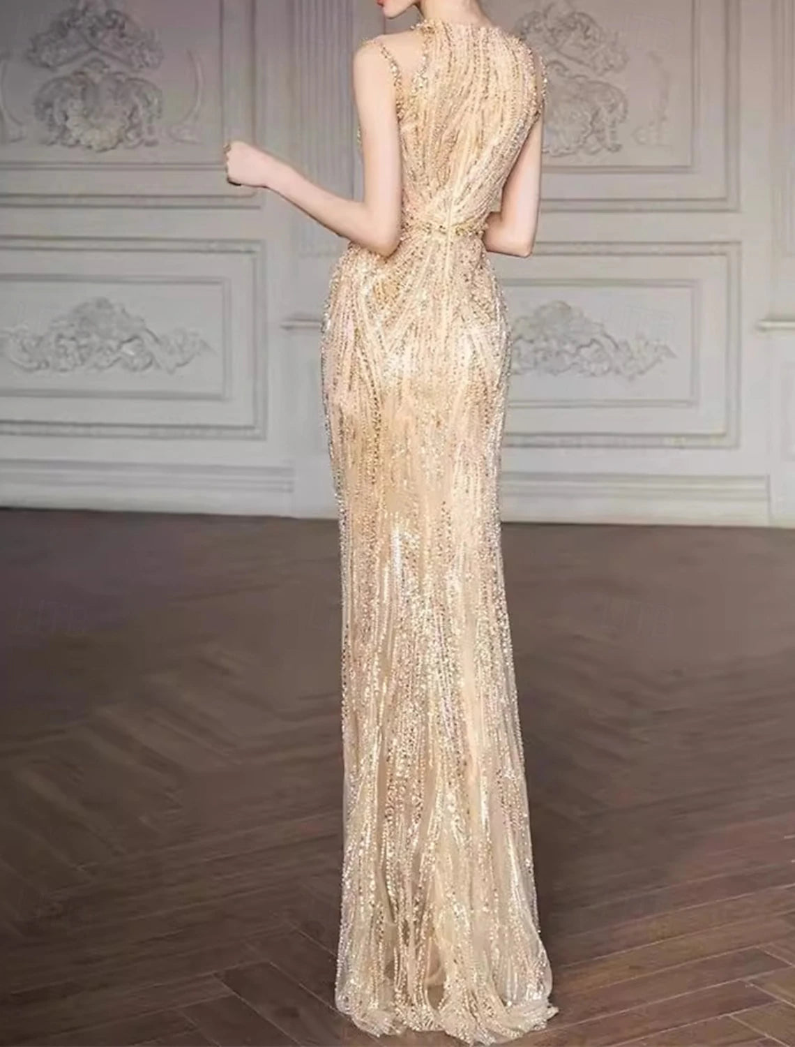 Mermaid / Trumpet Evening Gown Elegant Dress Wedding Guest Evening Party Floor Length Sleeveless Crew Neck Lace with Beading Sequin