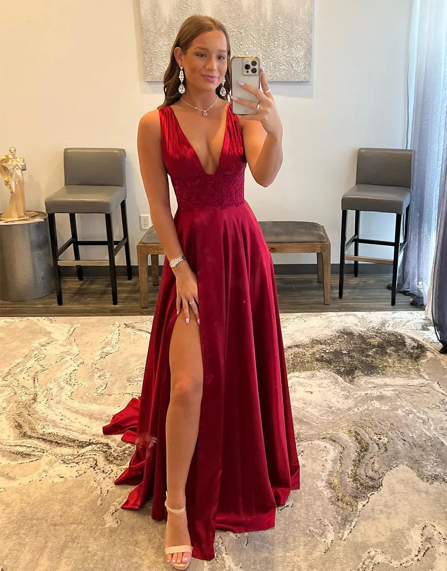 Classic red deep V-neck long slit satin party dress