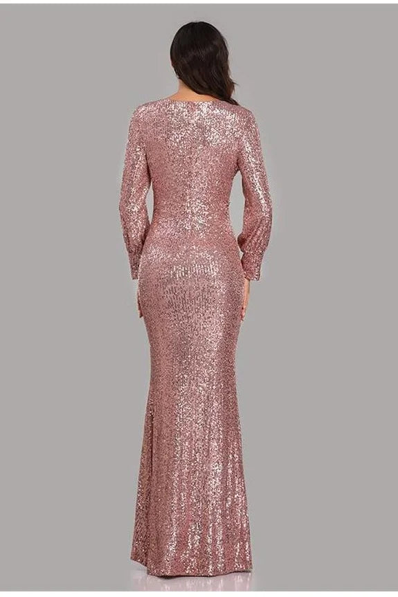 Long Sleeve V Neck Sequined Fishtail Evening Dress