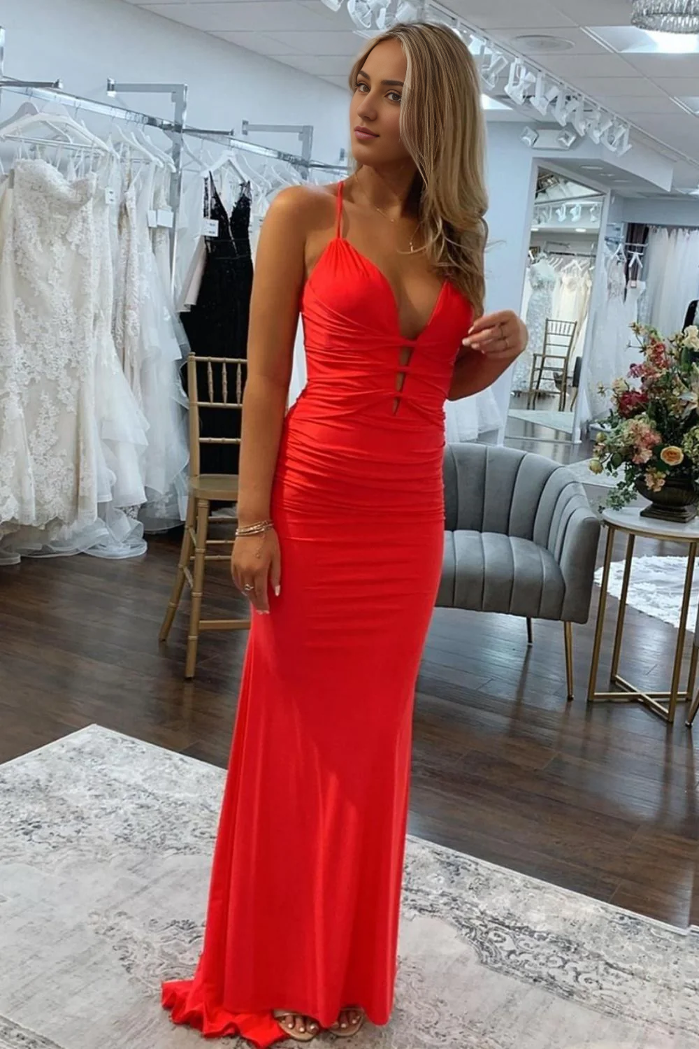 DingJiDress Satin Mermaid Spaghetti Straps Backless Lace Up Long Elegant Prom Dress