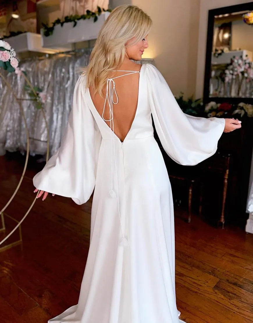 Sheath V-Neck Satin Long Sleeves Wedding Dress With Split