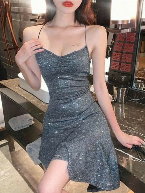 Grey suspender shiny back to school dress short dance dress