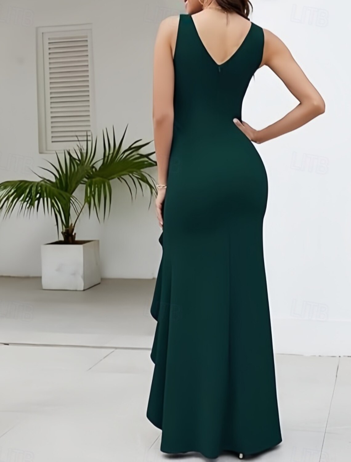 Mermaid  Trumpet Wedding Guest Dresses High Low Dress Wedding Guest Homecoming Asymmetrical Sleeveless V Neck Fall Wedding Guest Stretch Crepe with Ruched Ruffles Slit