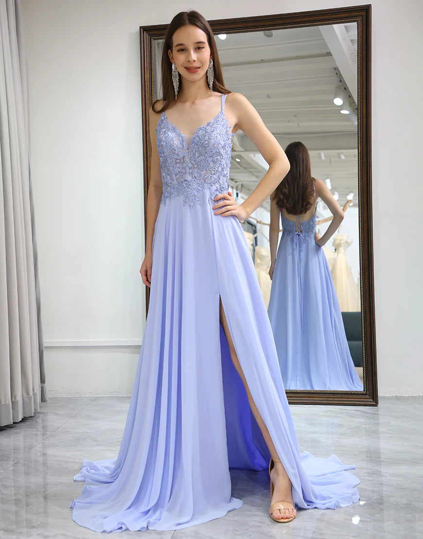 Lavender A Line Long Prom Dress With Slit