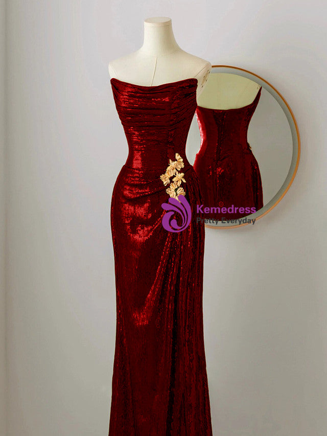Burgundy Sequins Strapless Pleats Prom Dress